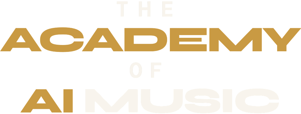 The Academy of AI Music logo featuring bold gold and white lettering on a transparent background.
