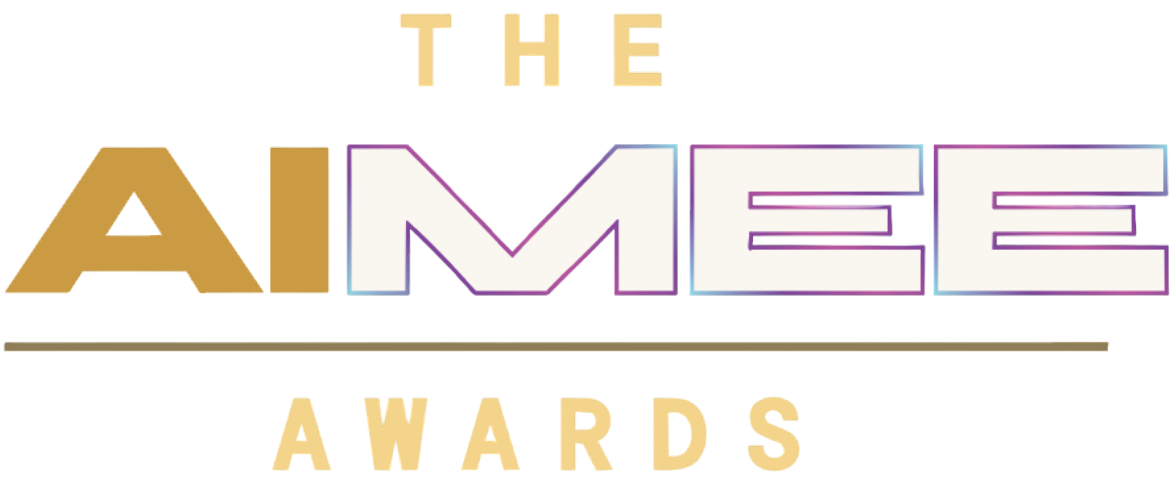 The AIMEE Awards logo featuring gold and white lettering with purple and blue accents.