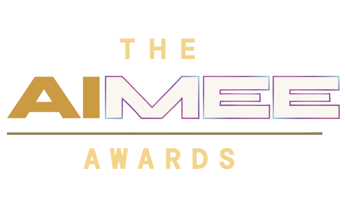 The AIMEE Awards logo featuring gold and white lettering with purple and blue accents.